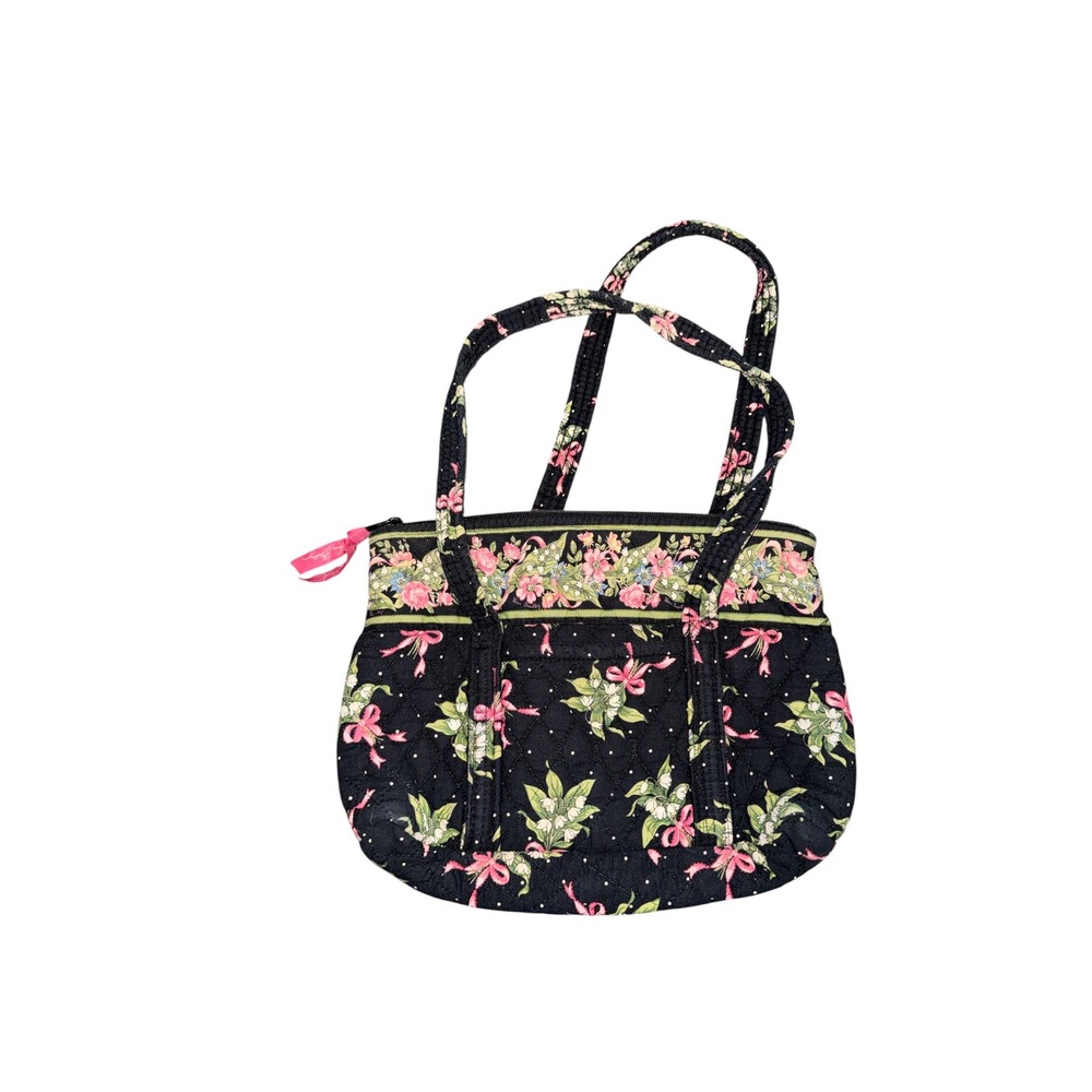 Vera Bradley New Hope Quilted Cotton Handbag Black Pink Bows Floral Tote